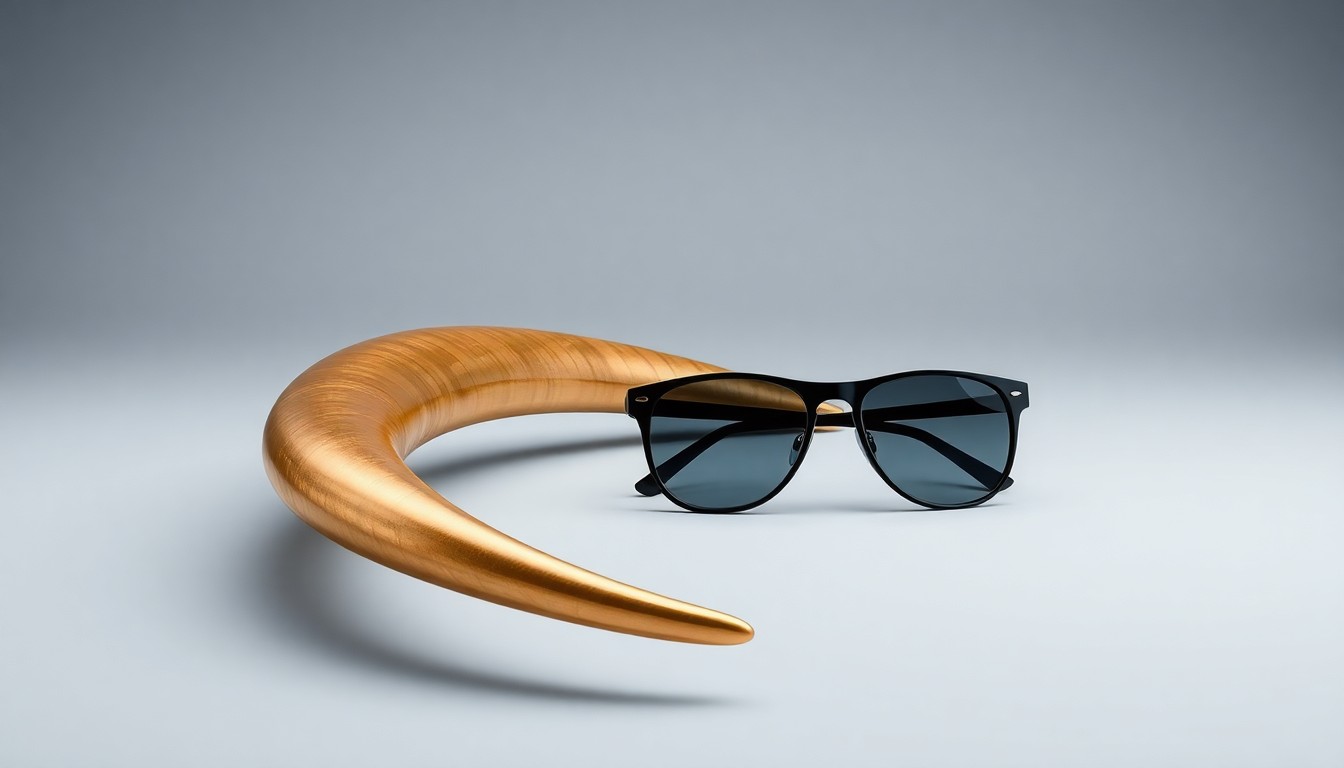 A minimalist, high-end studio photograph featuring a polished golden narwhal tusk sculpture and a pair of sleek black designer sunglasses, conceptually representing the wealth and environmental interests of the Bezos family.