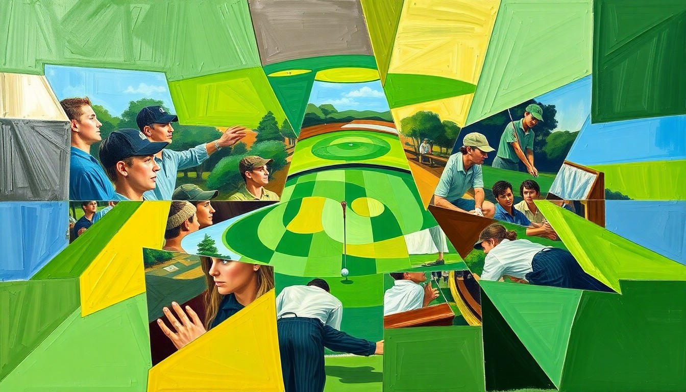 A fragmented, geometric painting depicting the dynamic action and competing perspectives of a college golf event, with sharp planes of green fairways, blue skies, and brown bunkers.