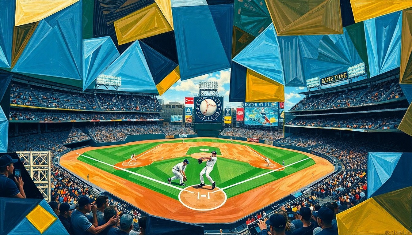 A cubist-style painting depicting a baseball game broken down into sharp, overlapping geometric shapes and planes, conveying the raw athleticism and movement of the sport.