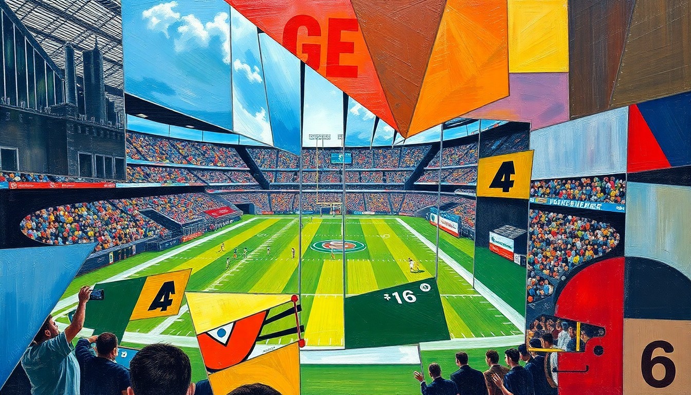 A cubist, geometric painting depicting a fragmented football game, with sharp, overlapping planes of color and form representing the strategic moves teams make to build a competitive roster.