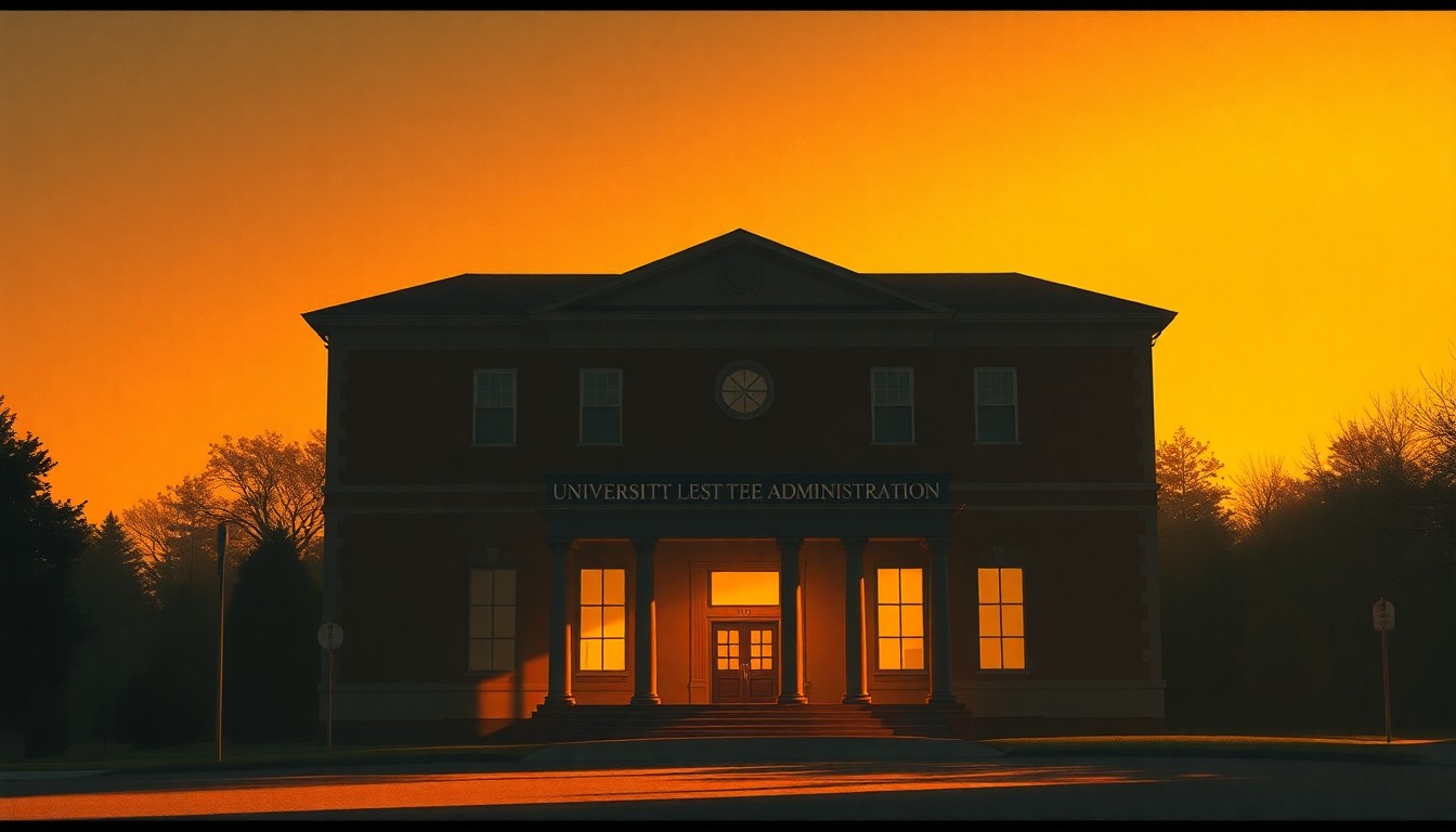 A serene, cinematic painting of a university administration building, its facade bathed in warm, golden light and deep shadows, conveying a sense of uncertainty and unease about the future of the institution.