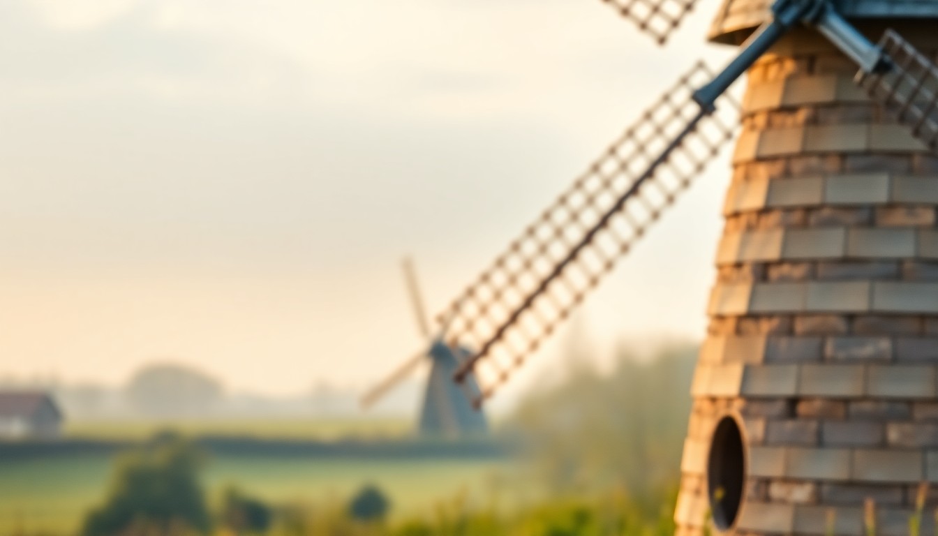 An out-of-focus photograph of the sails of Wicken Mill gently turning in the wind, with the surrounding countryside blurred into a warm, hazy background, capturing the peaceful, timeless quality of the mill's operation.