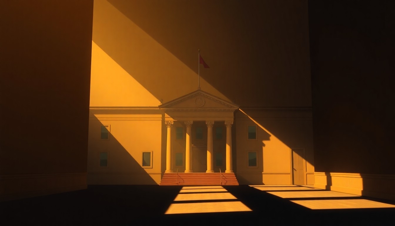 A serene, photorealistic painting of a government office or political building, its facade bathed in warm, golden light and deep shadows, conveying a sense of quiet contemplation and the gravity of the ongoing trade discussions.