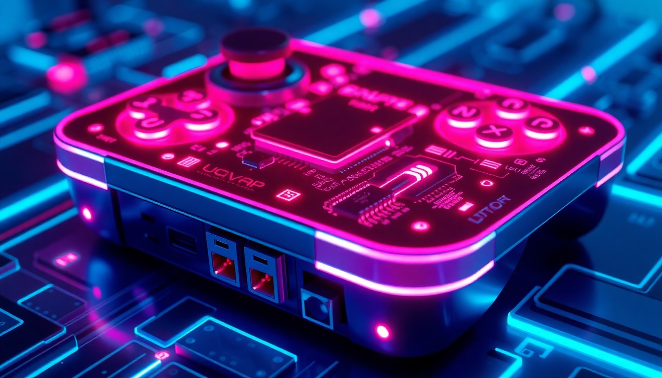 A highly detailed, 3D macro illustration of a futuristic game console or controller, its surfaces illuminated by vibrant neon cyan and magenta lights, conceptually representing the technological advancements and mysteries surrounding Xbox's backwards compatibility plans.