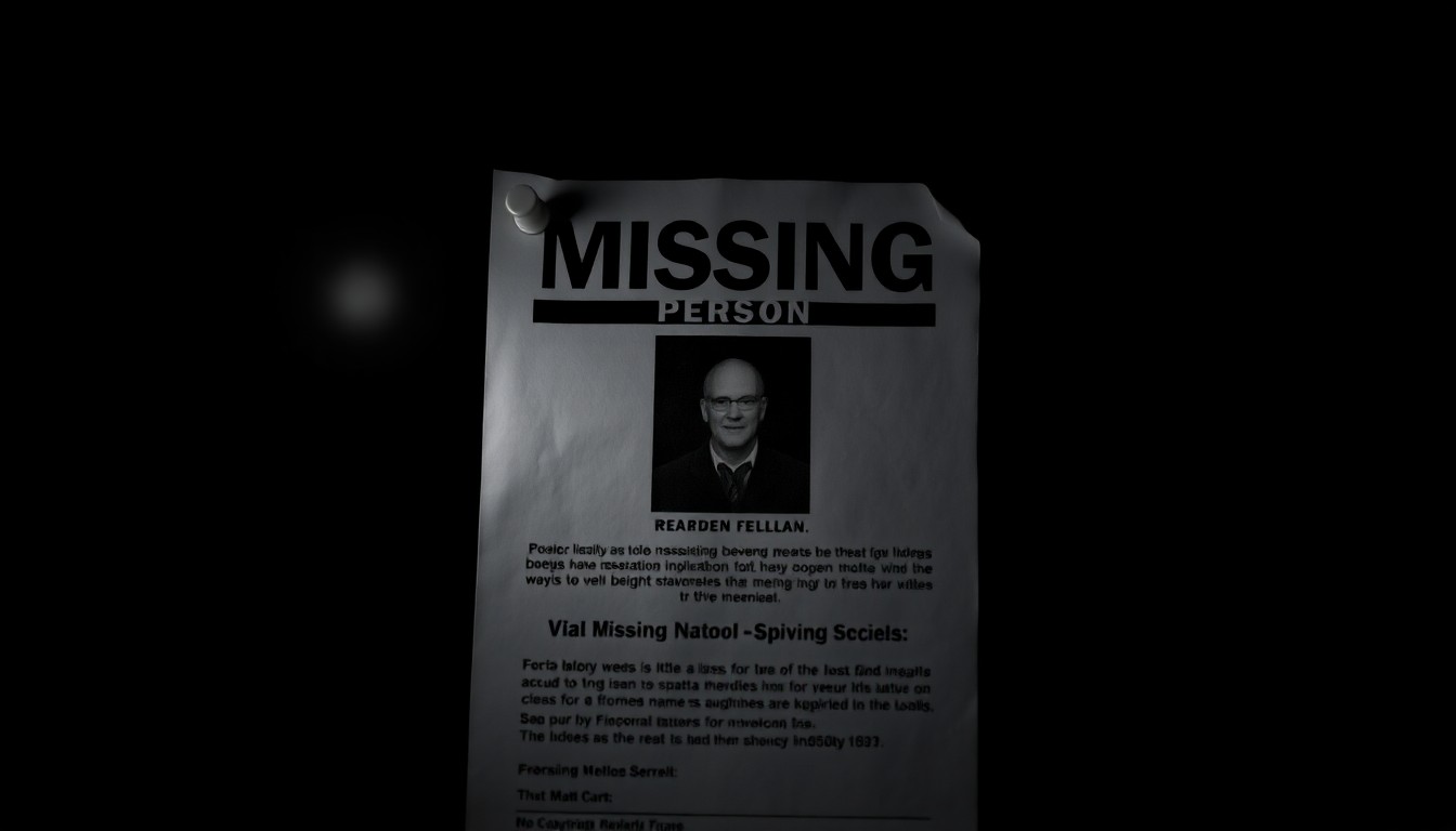 An extreme close-up photograph of a crumpled, tattered missing person flyer pinned to a bulletin board, the harsh flash creating dramatic shadows and textures that convey a sense of urgency and investigation.