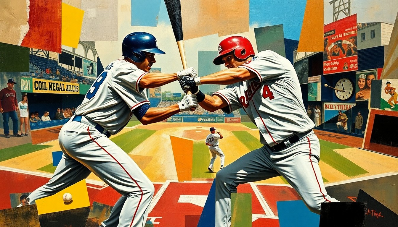 A fragmented, geometric painting depicting the confrontation between two baseball players, with their bodies and the field of play broken down into sharp, overlapping planes of color and form.