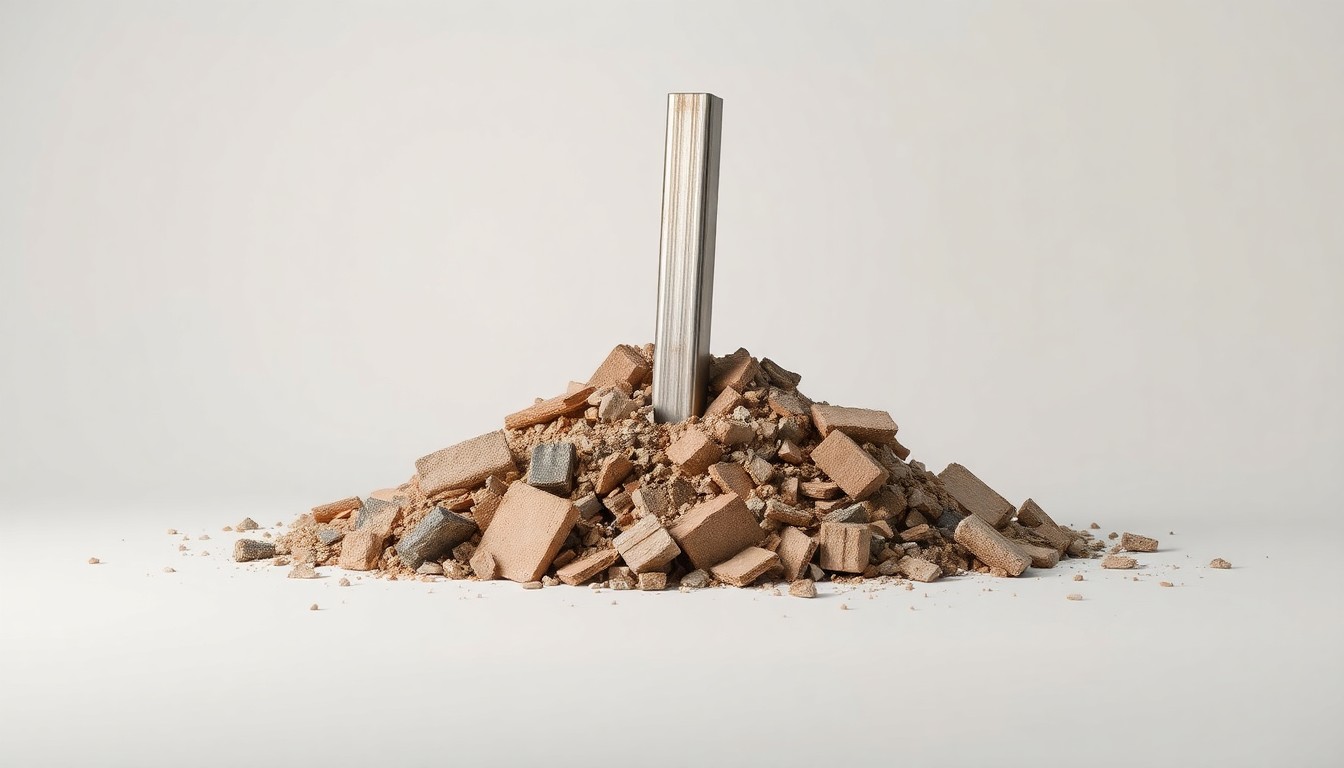 A high-end, photorealistic studio still-life photograph showing a pile of rubble and debris from the implosion of a hotel, with a single, polished steel I-beam protruding from the pile, symbolizing the end of an era and the beginning of a new chapter for Miami's skyline.