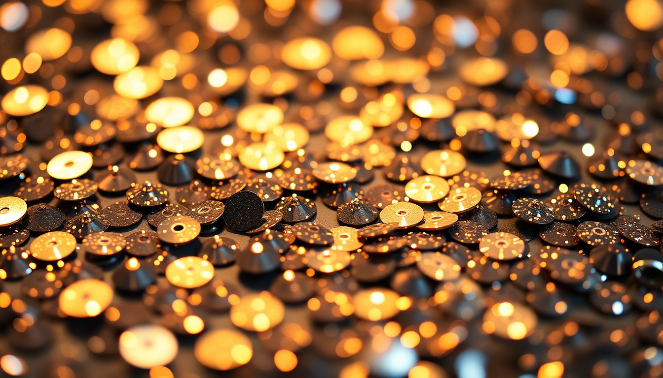 An extreme close-up of shimmering, high-contrast sequins in vibrant shades of gold and silver, conceptually representing the glamour and excitement of the Star Wars: Galaxy's Edge expansion.