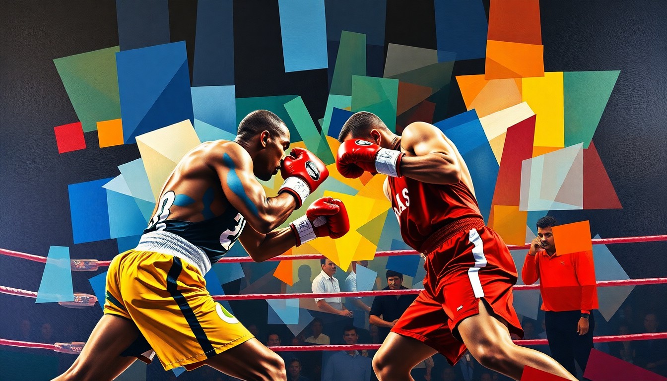 A fractured, geometric painting depicting the intense action of the 12th round knockout, with the fighters' forms breaking apart into sharp, overlapping planes of vibrant color.