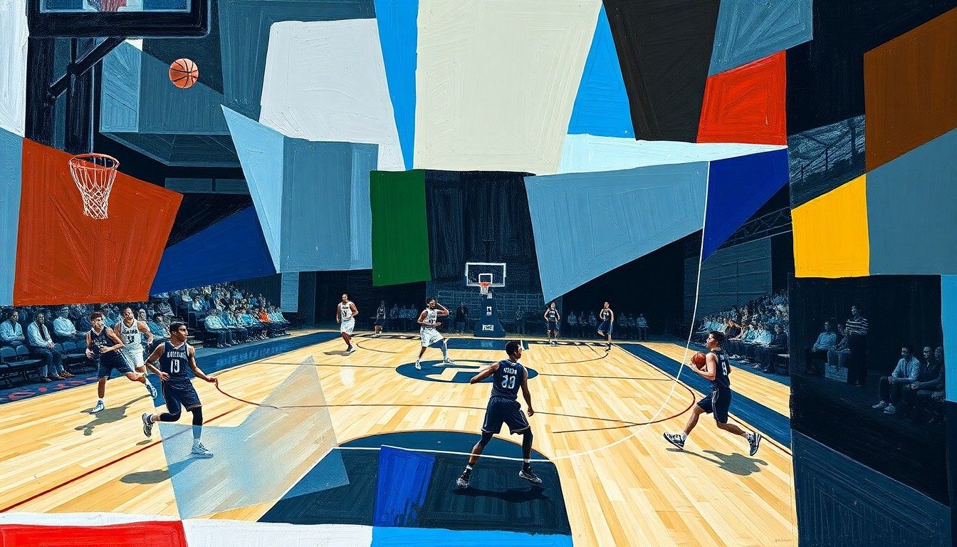 A fragmented, cubist-style painting depicting the chaotic movements and overlapping perspectives of a college basketball game, representing the emotional turmoil fans experience with players constantly entering the transfer portal.