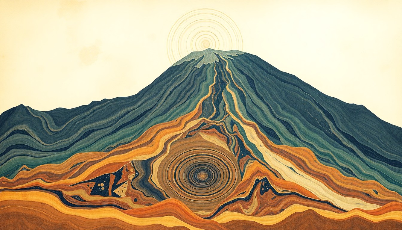 A bold, abstract painting in soft earth tones featuring sweeping geometric arcs, concentric circles, and precise botanical spirals, conceptually representing the complex geological structures and forces of an active volcano.