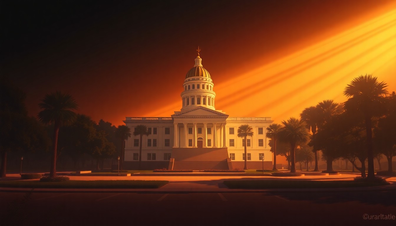 A photorealistic painting of a state capitol building in Florida, with warm sunlight casting long shadows across the facade and surrounding landscape, conveying a sense of quiet contemplation about the political process.