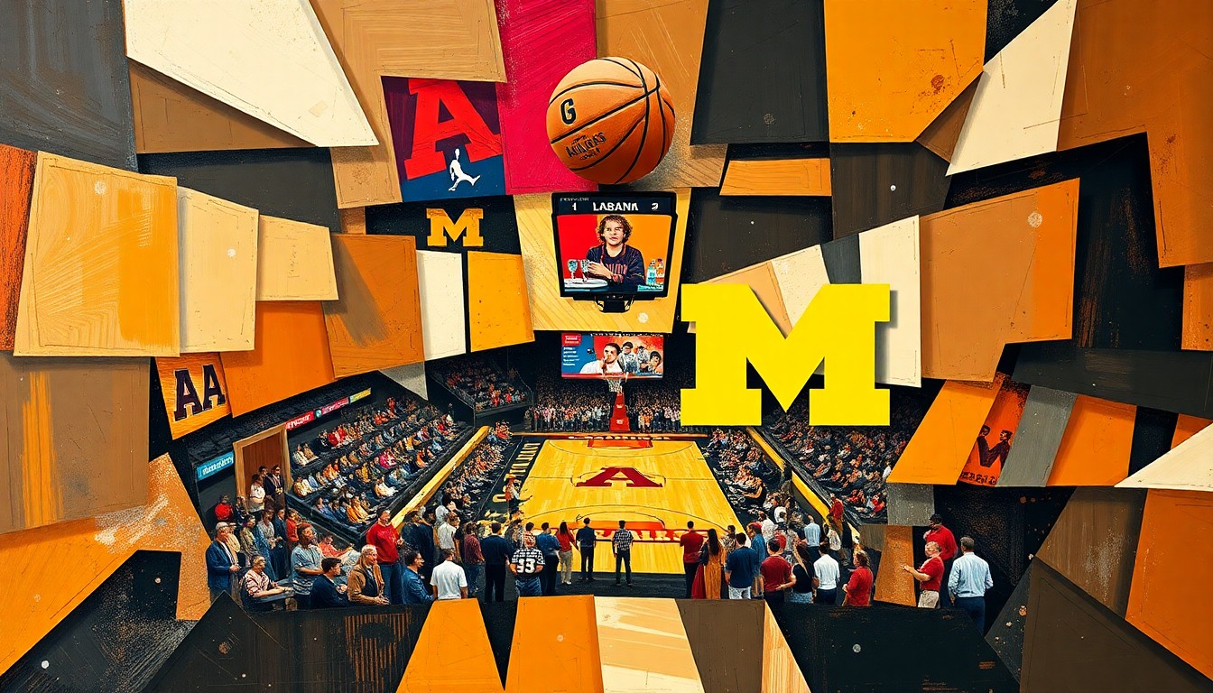 A cubist, fragmented painting depicting a college basketball game, with the court and players broken down into sharp, overlapping geometric shapes in muted earth tones, conceptually representing the complex tensions surrounding Aden Holloway's legal troubles and Alabama's tournament aspirations.