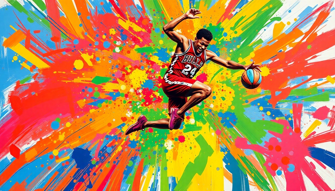 An abstract, expressionist painting in vibrant neon colors depicting the dynamic motion and energy of a baseball player making an acrobatic defensive play, with the figure dissolving into bold brushstrokes.