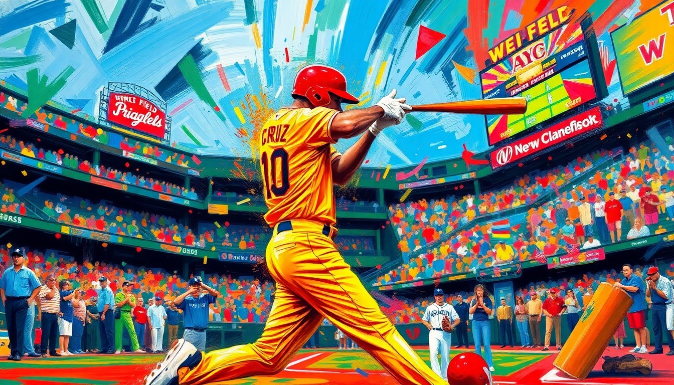 An abstract, energetic painting in neon colors depicting the powerful swing and motion of a baseball player hitting a home run, conveying the raw athleticism and excitement of Oneil Cruz's performance.