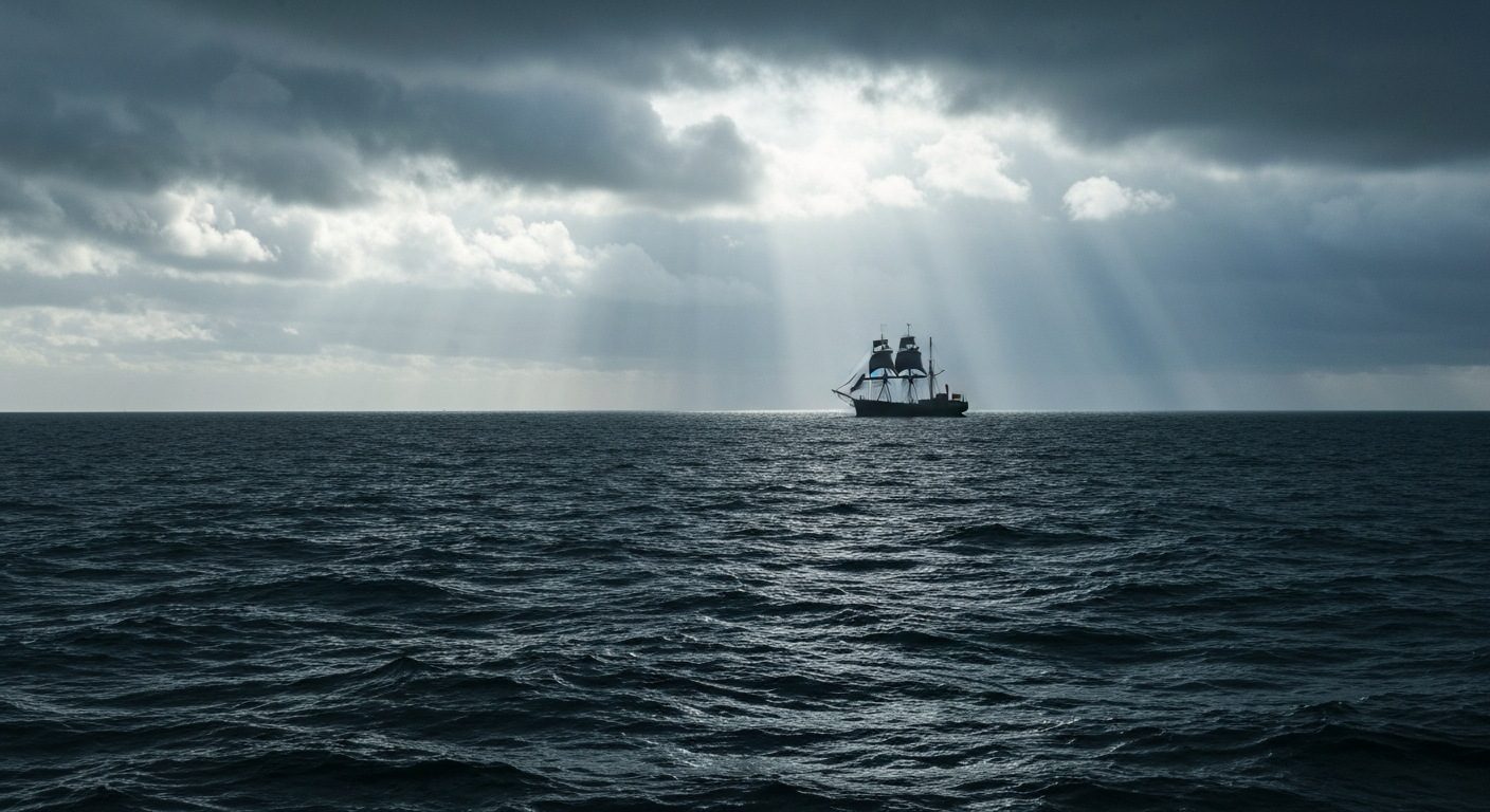 A highly stylized, geometric seascape in shades of blue and grey, featuring a lone cruise ship silhouetted against a stormy sky, conveying a sense of isolation and the overwhelming power of the ocean.