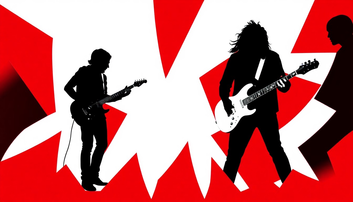 A striking abstract composition featuring bold, jagged geometric shapes in high-contrast black and red, conceptually representing the raw, unfiltered punk rock influence of The Germs on Dave Grohl's musical journey.