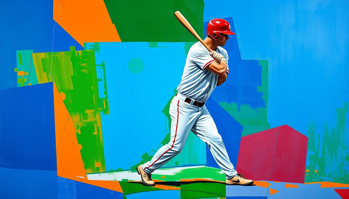 A cubist, geometric painting depicting a baseball player in motion, with sharp, overlapping planes of color representing the dynamic energy of the sport.