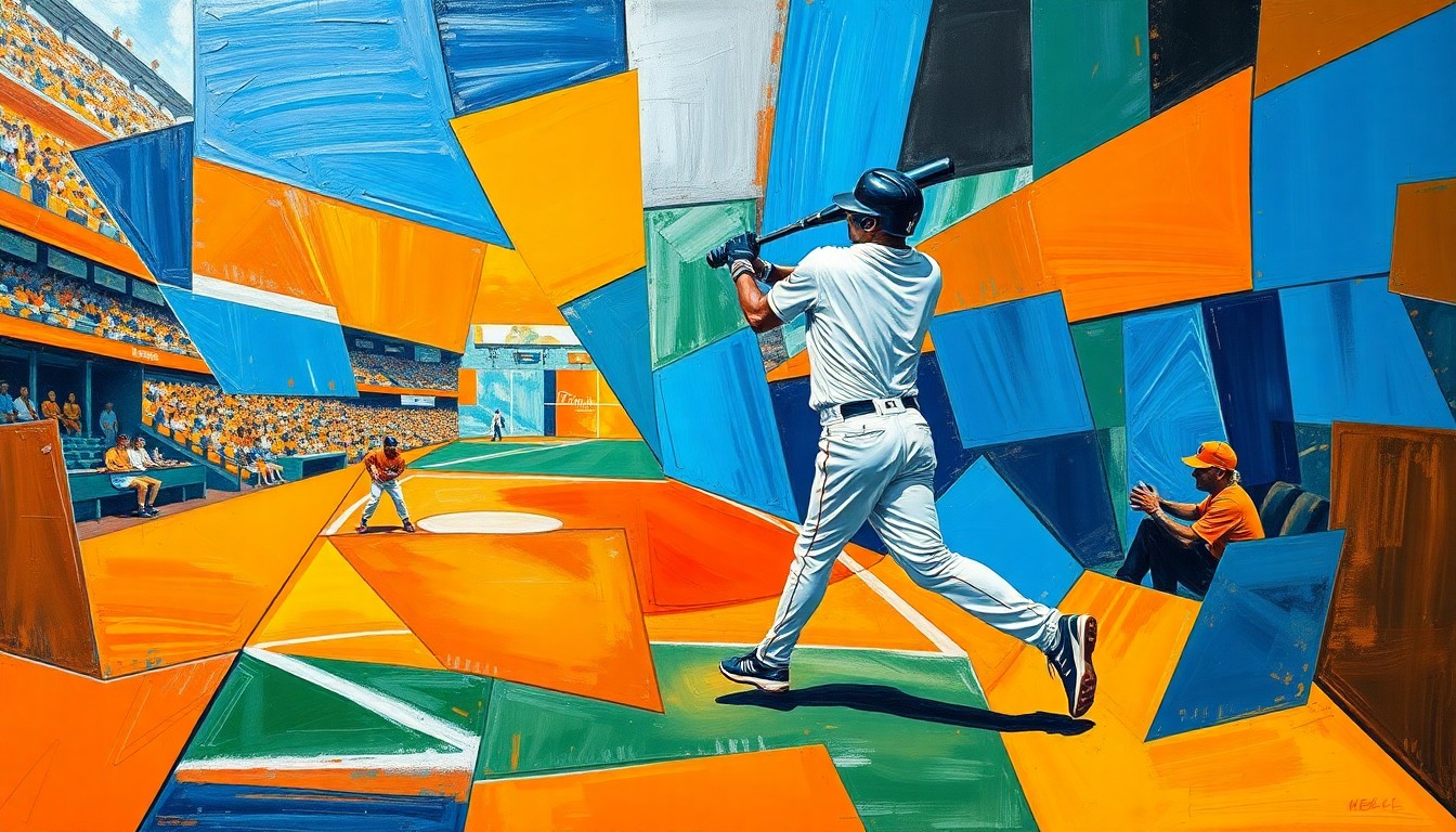 A fragmented, geometric painting in bold colors showing the various angles and perspectives of a baseball player swinging and connecting with the ball, conveying the raw energy and athleticism of the moment.
