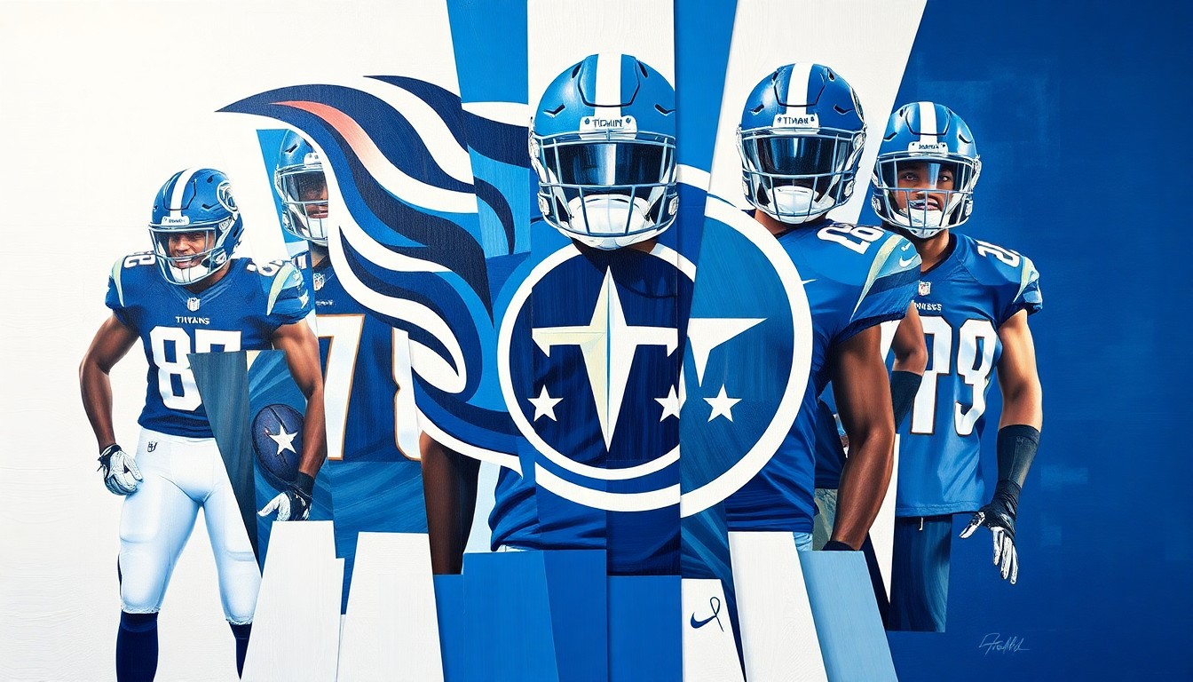 A fragmented, multi-angled painting depicting the Tennessee Titans' new uniforms and logo, with sharp geometric shapes and planes in the team's signature blue, white, and gold colors, conveying a sense of dynamism and modernization.