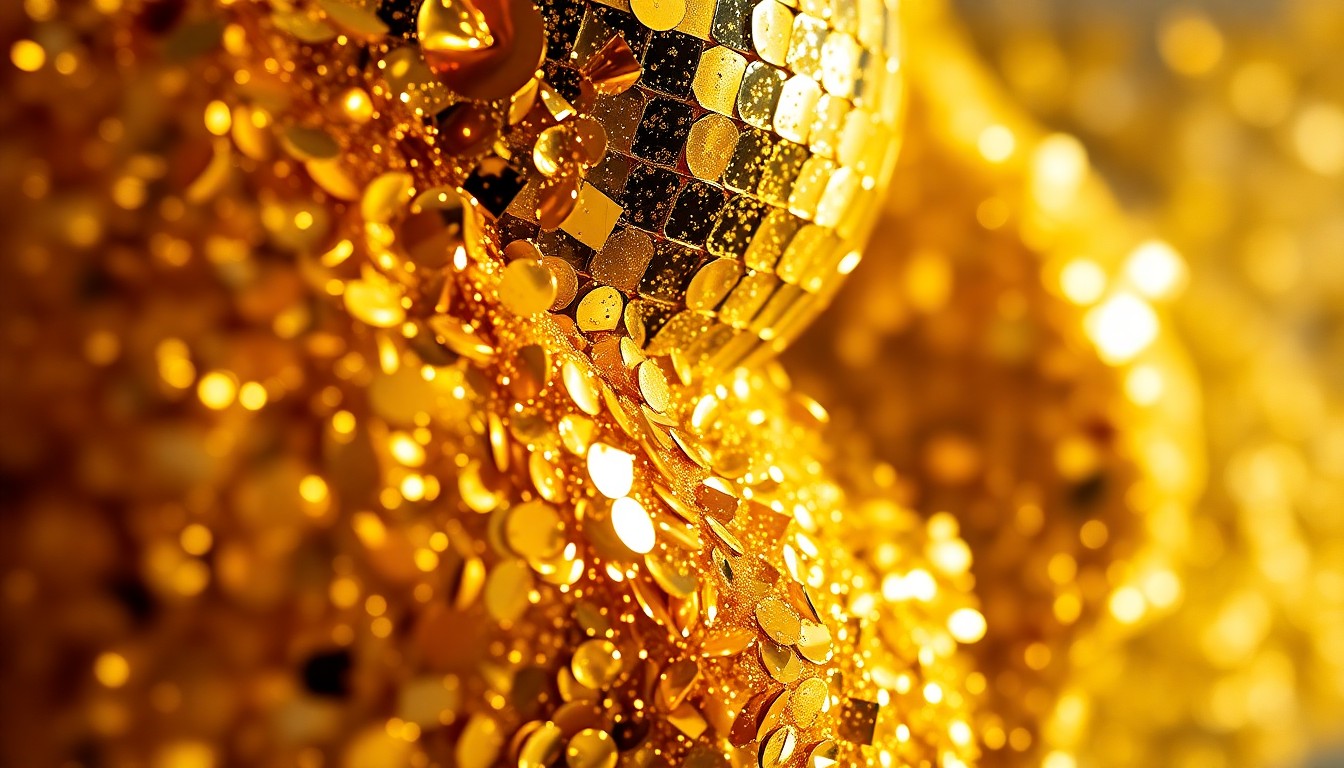 An abstract close-up image featuring a textured surface of shimmering gold sequins and reflective disco ball fragments, bathed in dramatic high-contrast studio lighting to create a glamorous, high-fashion aesthetic.
