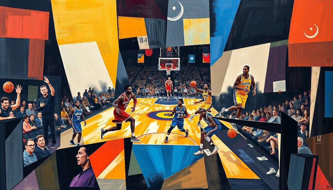 A cubist-style painting depicting the basketball game between the Oklahoma City Thunder and the Los Angeles Lakers, with the players' movements and the intensity of the game captured through sharp, overlapping geometric planes in a dynamic and visually striking illustration.