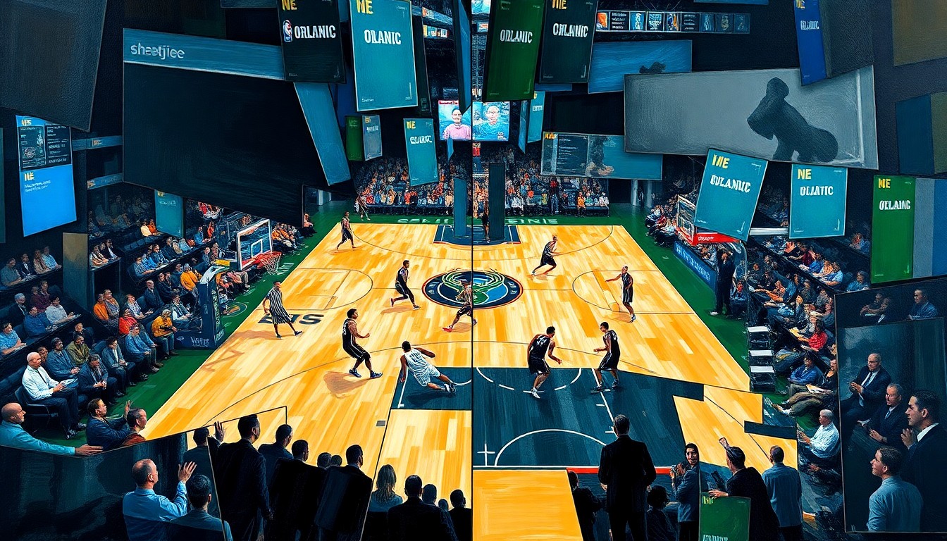 A fractured, geometric painting depicting the dynamic movements and energy of a basketball game between the Orlando Magic and Milwaukee Bucks, with the players' forms broken down into sharp, overlapping planes of color.