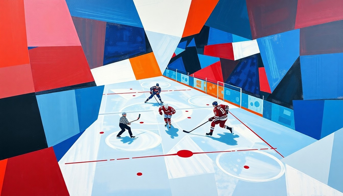 A cubist, fractured painting depicting a hockey game, with players and the rink broken down into sharp, overlapping geometric shapes in vibrant blues, reds, and whites, conveying the intensity and complexity of the Sabres' playoff push.