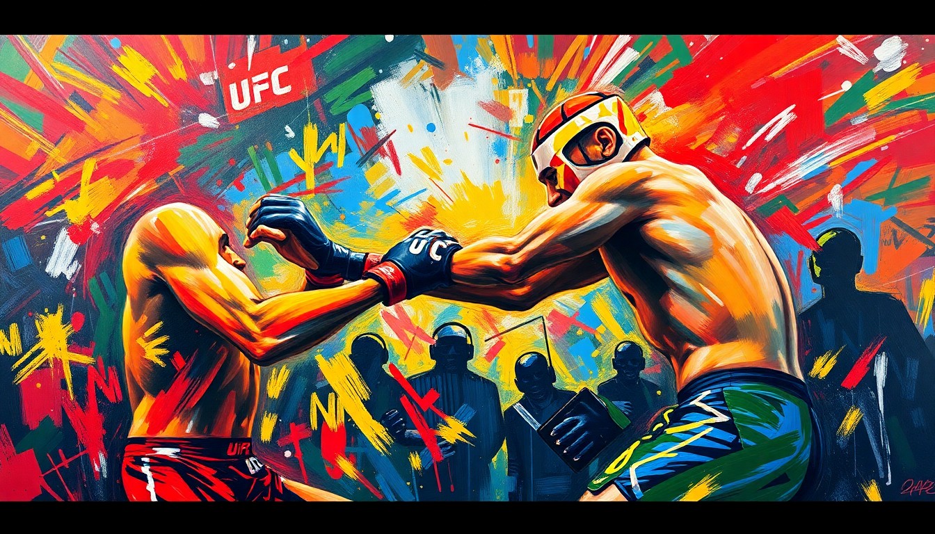 An abstract, textured painting in neon colors depicting the dynamic motion and energy of a UFC fight, conveying the excitement and intensity of the event.