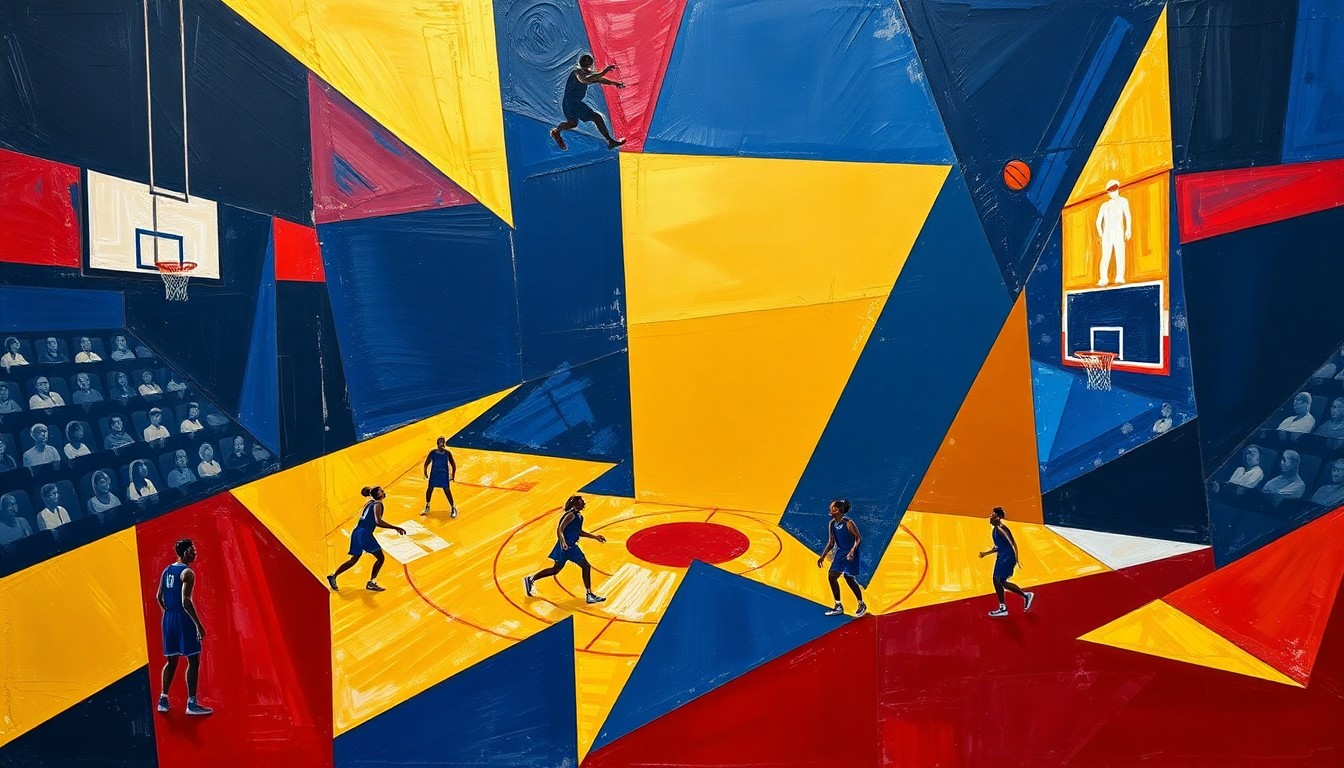 A cubist, geometric painting depicting a WNBA basketball game, with overlapping planes of navy, gold, and crimson red capturing the dynamic movement and energy of the sport.