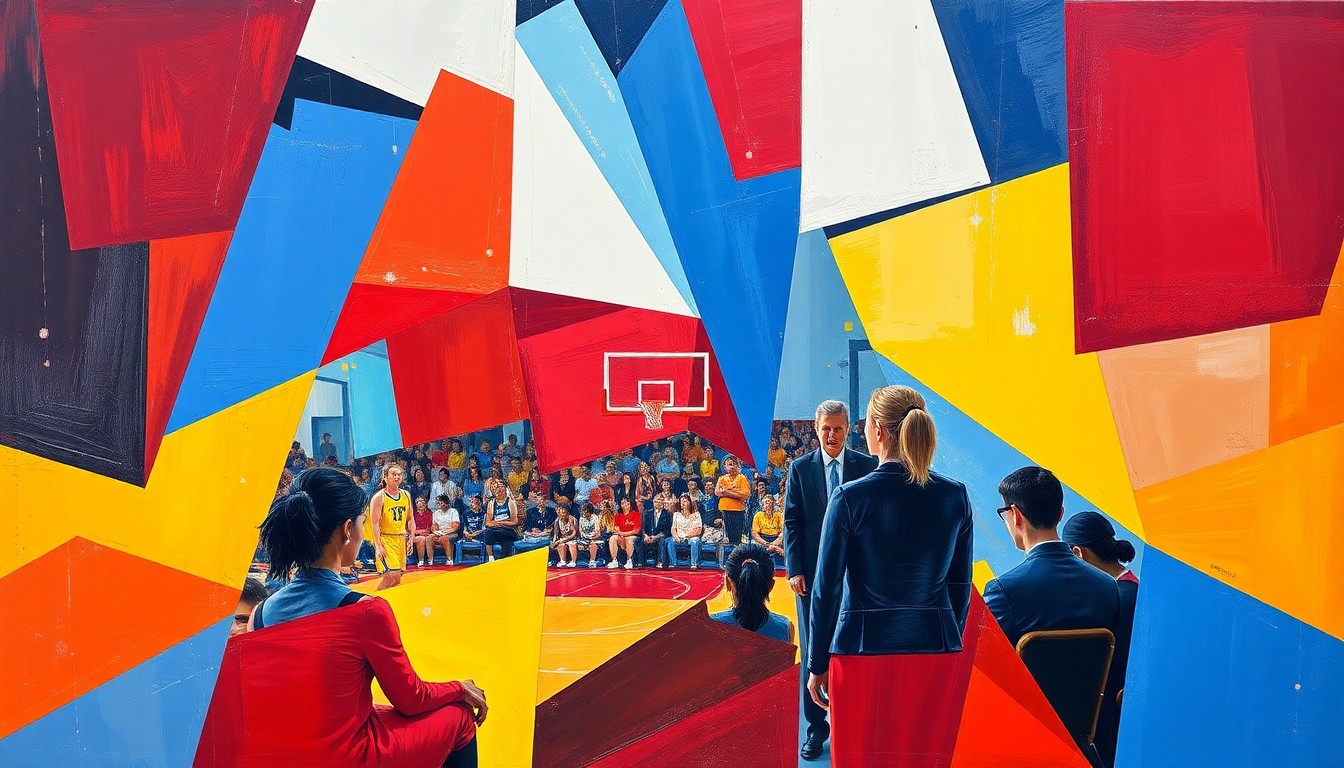 A fractured, multi-perspective painting in vibrant colors, breaking down a WNBA coaching scene into sharp, overlapping geometric planes, conceptually representing the strategic leadership and dynamic energy of Sandy Brondello's historic 2015 season with the Phoenix Mercury.