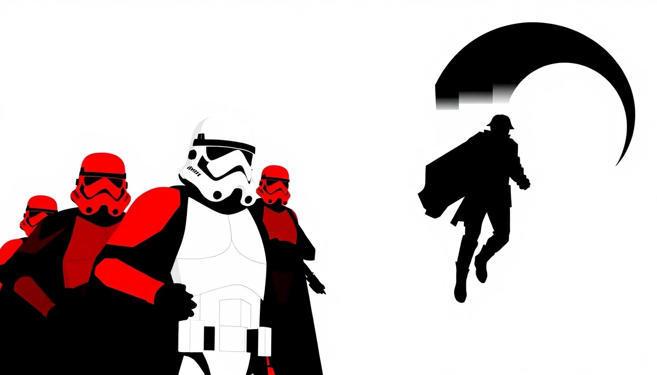 A bold, abstract illustration featuring stark, jagged geometric shapes and heavy black silhouettes, conceptually representing the narrative themes and tensions hinted at in the Star Wars: Ahsoka crew patch leaks.