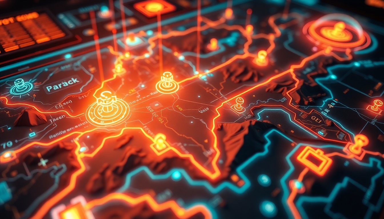 A glowing, high-tech 3D illustration of a futuristic map interface with pulsing data streams, neon-lit icons, and holographic terrain elements, conceptually representing the dynamic and reactive nature of the Arc Raiders map conditions tracker.
