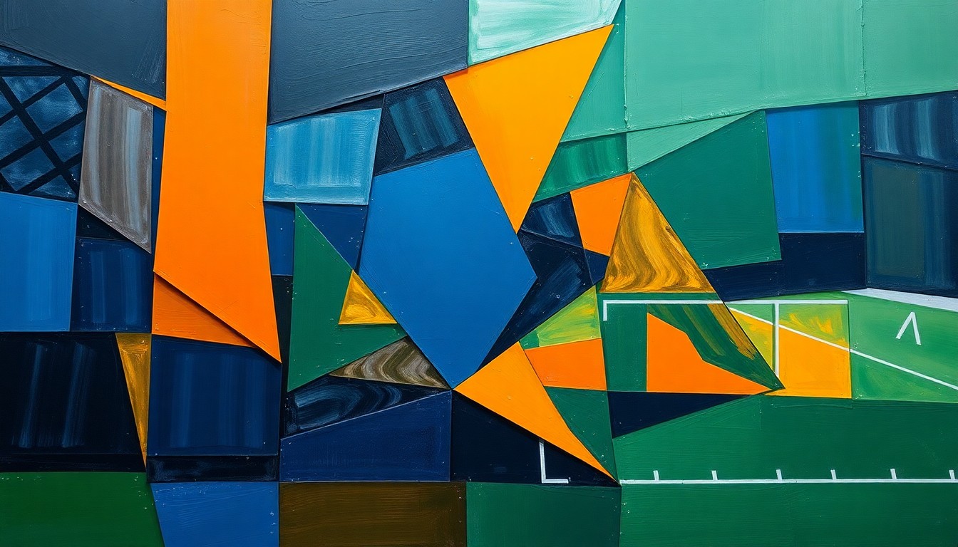 A cubist, geometric painting depicting a fragmented football game, with sharp, overlapping shapes in navy blue, burnt orange, and forest green, conveying the strategic shift in the Bengals' defense.