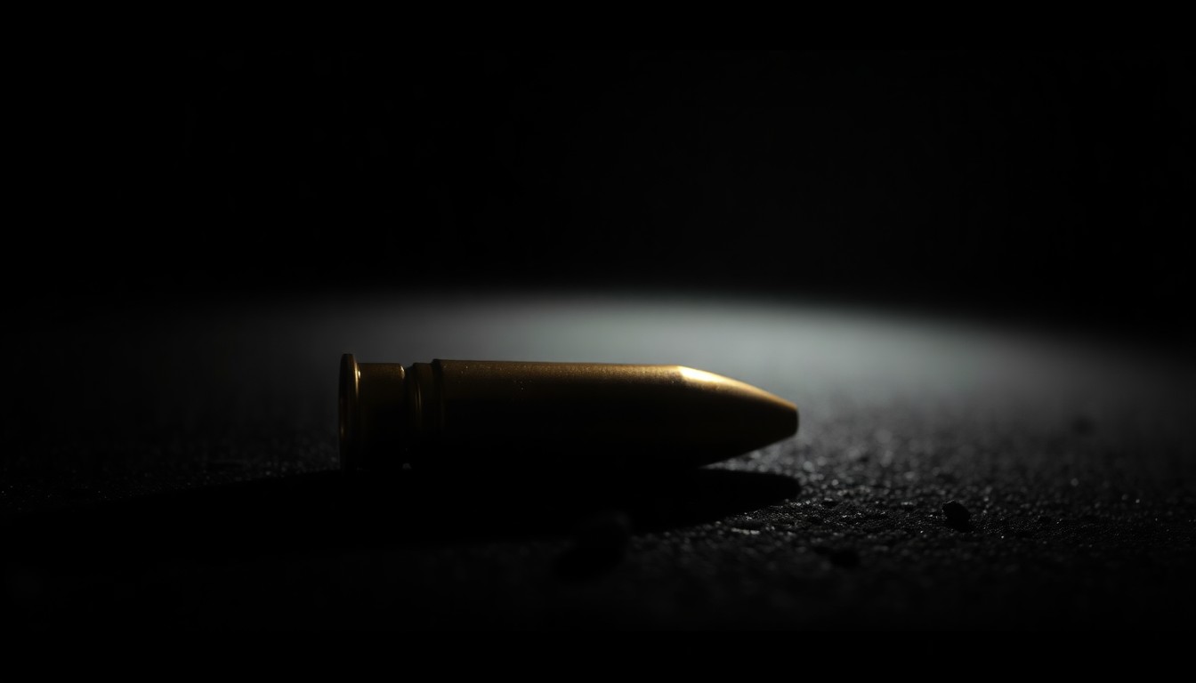 An extreme close-up photograph of a spent bullet casing on the ground, lit by a harsh, direct camera flash against a pitch-black background, creating a stark, gritty, investigative aesthetic that conceptually represents the violence of a road rage shooting incident.