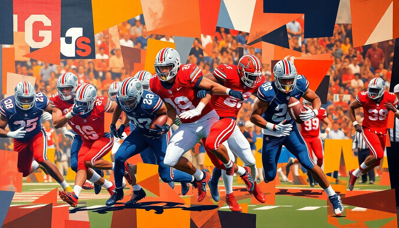 A cubist, fragmented painting depicting the motion and energy of a college football game, with players' bodies and uniforms broken down into sharp geometric shapes and planes in shades of scarlet, orange, and blue.