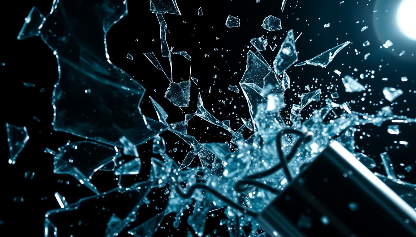 An abstract close-up image featuring shards of broken glass and twisted metal fragments, conveying the intense, chaotic tone of an action movie.