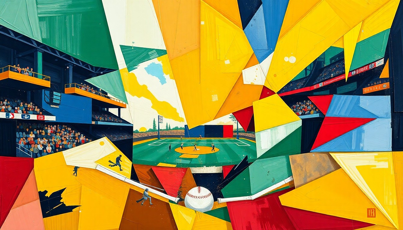 A cubist, geometric painting depicting a baseball game or match, with sharp, overlapping planes of color representing the dynamic action on the field.