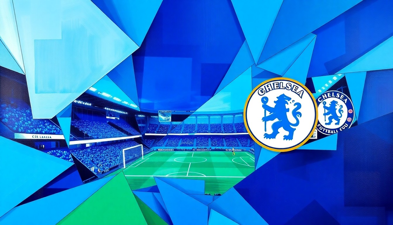 A cubist, geometric painting depicting the action and energy of a Premier League soccer match, with overlapping planes of color representing the players, the field, and the intensity of the game.