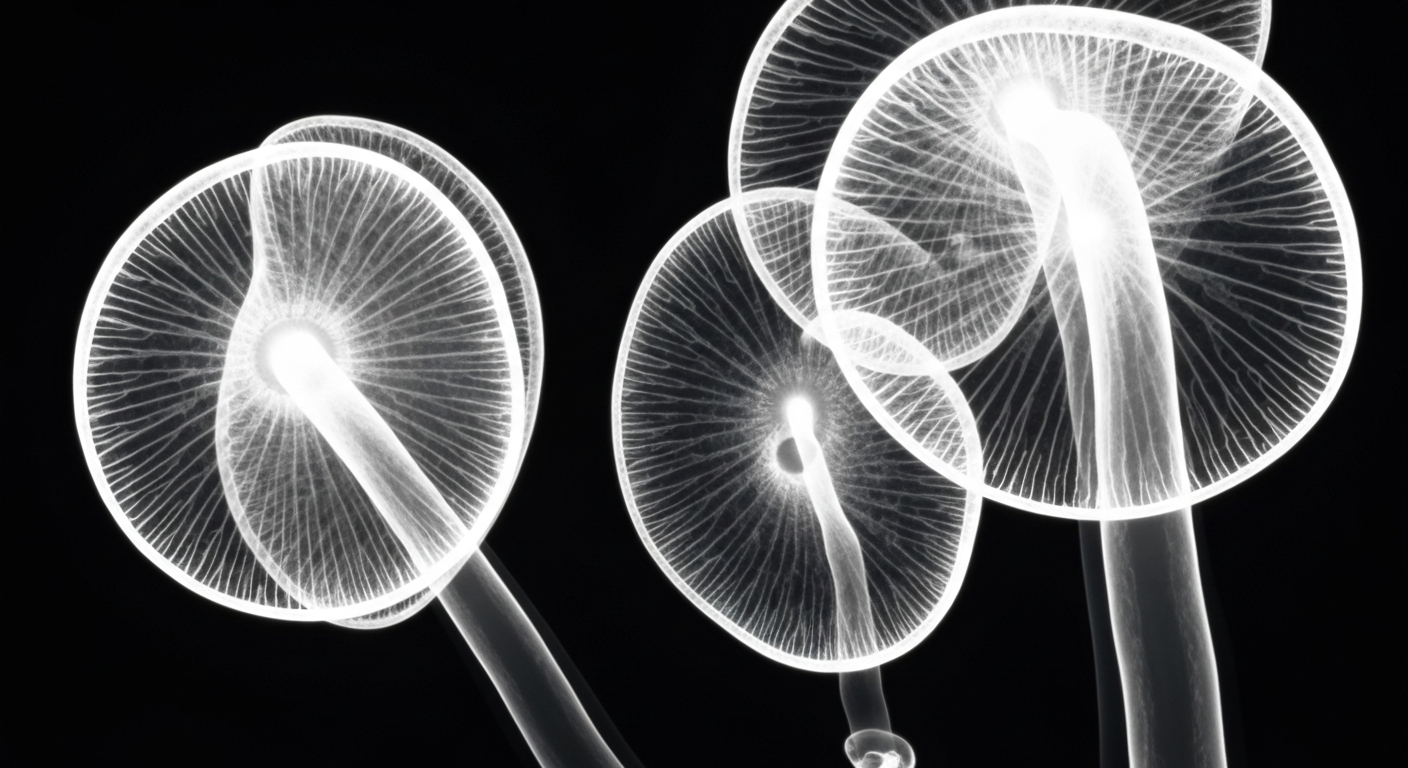 An extreme close-up X-ray image revealing the delicate, intricate structures within psilocybin mushrooms, conceptually illustrating the need for more research and regulation as the market for these psychedelics grows.