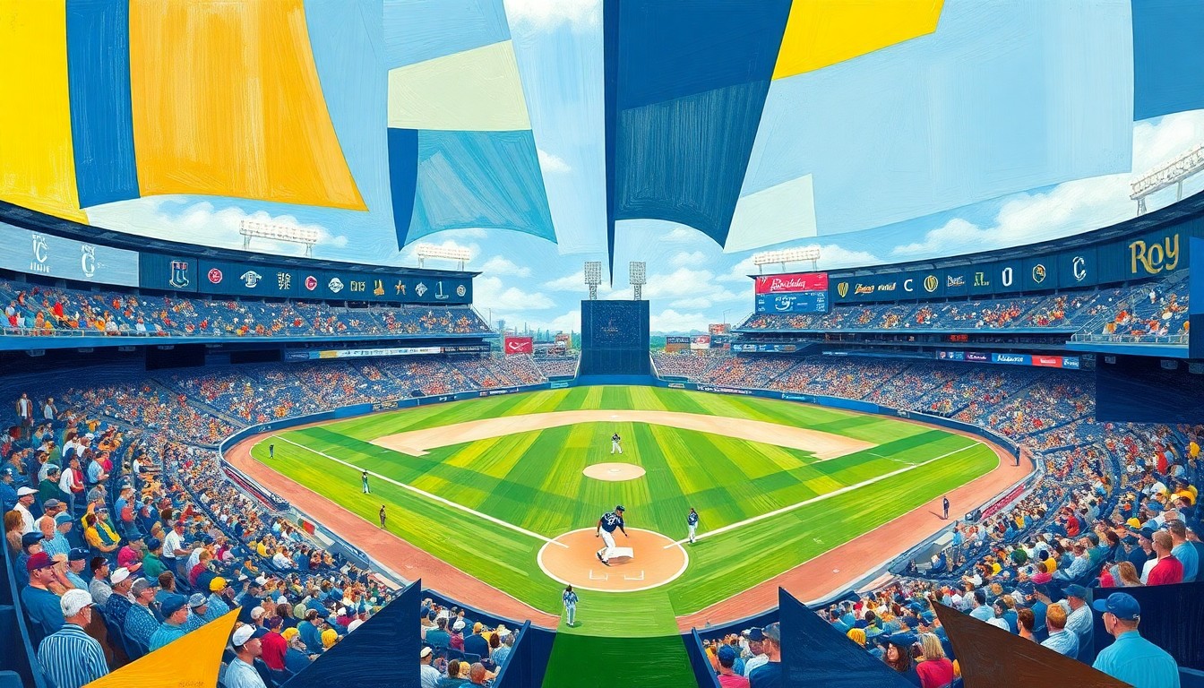 A fragmented, geometric painting depicting a baseball game in motion, with overlapping shapes and planes representing the dynamic action on the field.