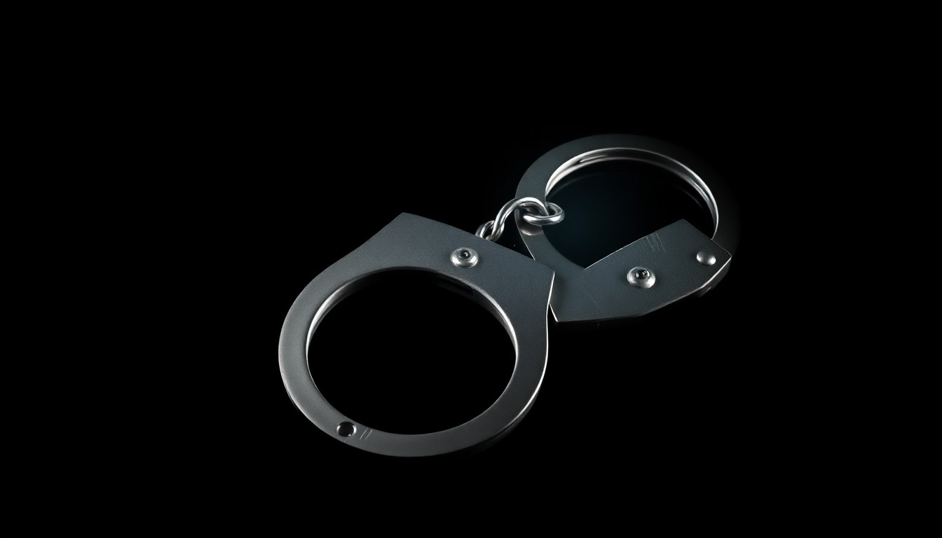 An extreme close-up photograph of a pair of handcuffs against a pitch-black background, lit by a harsh, direct camera flash, conceptually illustrating the arrest of suspects based on community reporting.