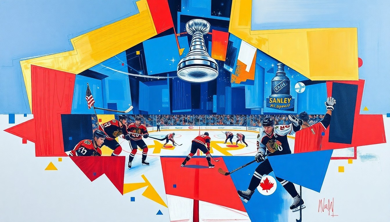 A cubist, geometric painting depicting a fragmented hockey game, with overlapping planes of color and shape representing the complex, multi-faceted nature of the Stanley Cup playoff race.