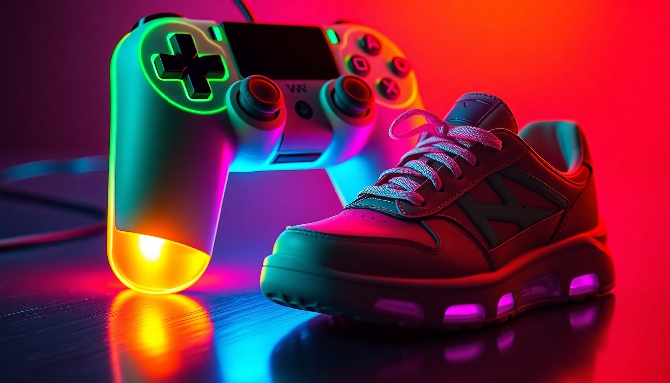 A visually striking 3D illustration featuring a PlayStation controller and a Vessi Motu Sneaker, both bathed in a neon glow of cyan and magenta lights, symbolizing the fusion of retro gaming and sustainable technology.