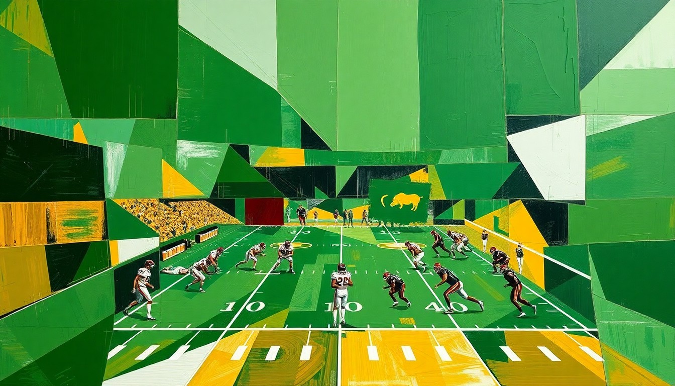 A fragmented, geometric painting depicting a Colorado Buffaloes football game or practice, with sharp planes of green, gold, and white representing the team's players and field in an abstract, deconstructed style.