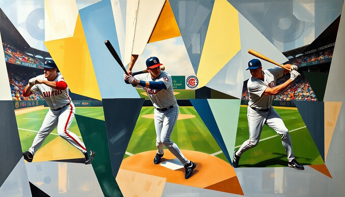 An abstract, fragmented painting in the style of Pablo Picasso, using sharp, overlapping geometric shapes and planes to represent the movements and statistics of baseball players in a conceptual, deconstructed way.