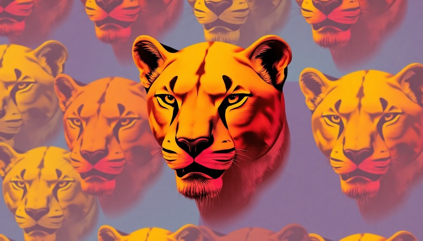 A highly stylized, silkscreen-inspired illustration featuring a repeating grid of a sculpted mountain lion head in bold, neon-tinged colors, conceptually representing the artist's transition from a troubled past to a newfound creative purpose.