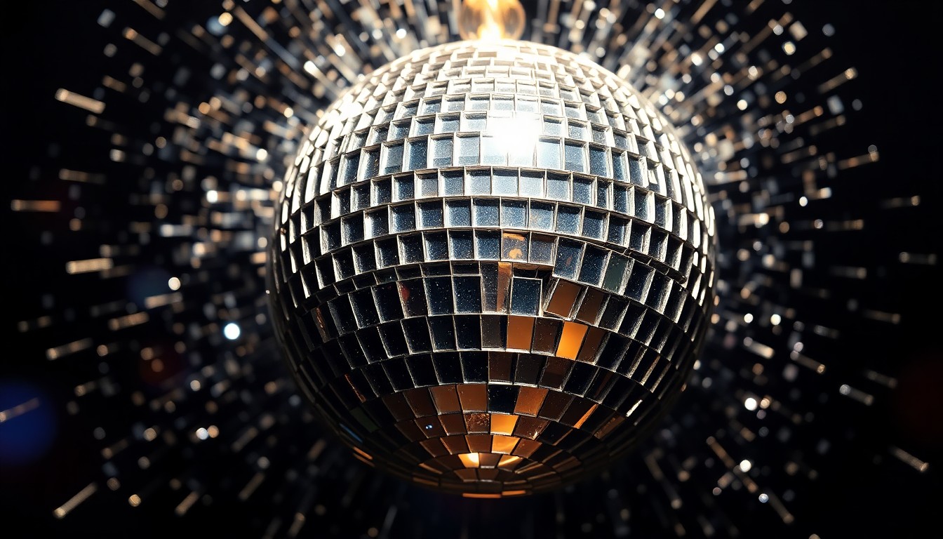 An extreme close-up of a shattered disco ball, its mirrored surface reflecting dramatic patterns of light and shadow, conceptually representing the vibrant atmosphere of a celebratory pub event.