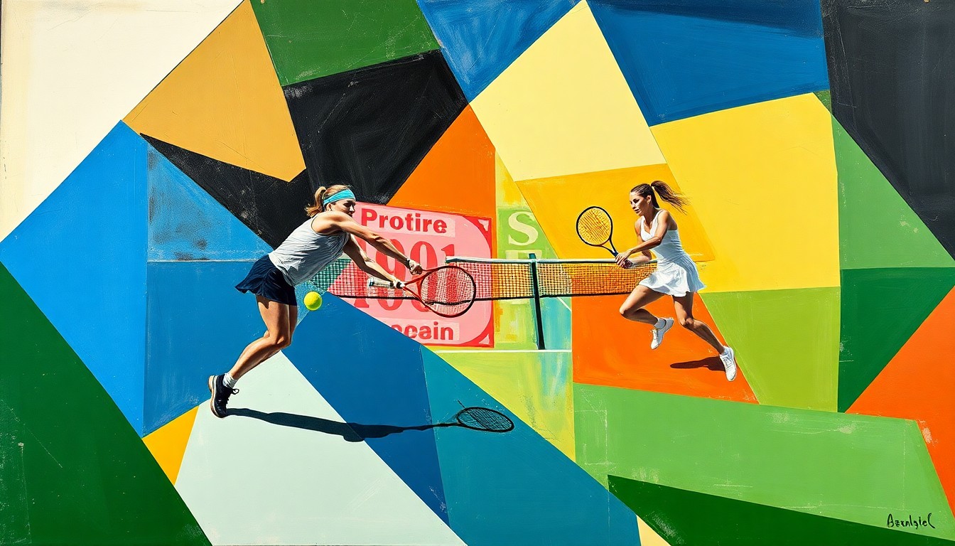 A cubist-style painting depicting a tennis match between two players, with the court and players broken down into sharp, overlapping geometric shapes and planes, conveying the strategic complexity and intensity of the encounter.