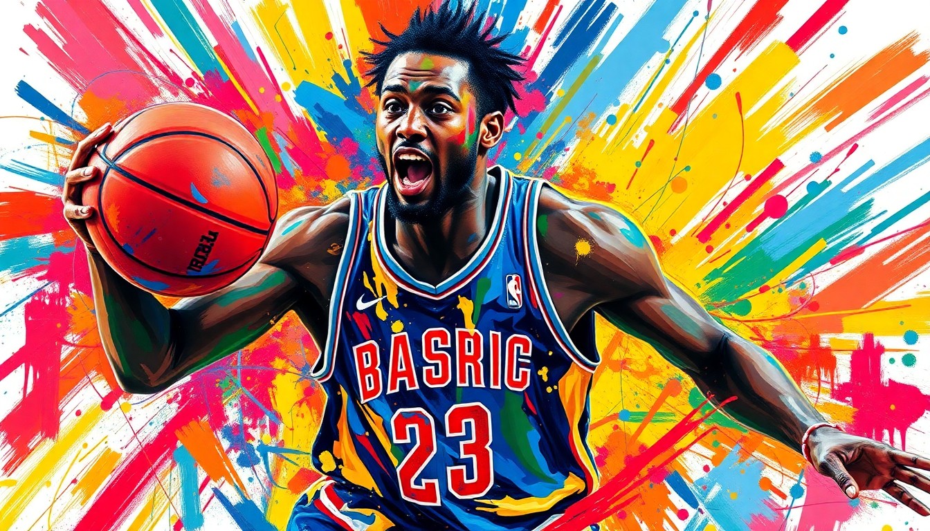 An abstract, expressionist painting in vibrant neon colors, capturing the raw energy and dynamic movement of a basketball player driving to the hoop, with the player's features dissolving into unrecognizable splatters of paint.